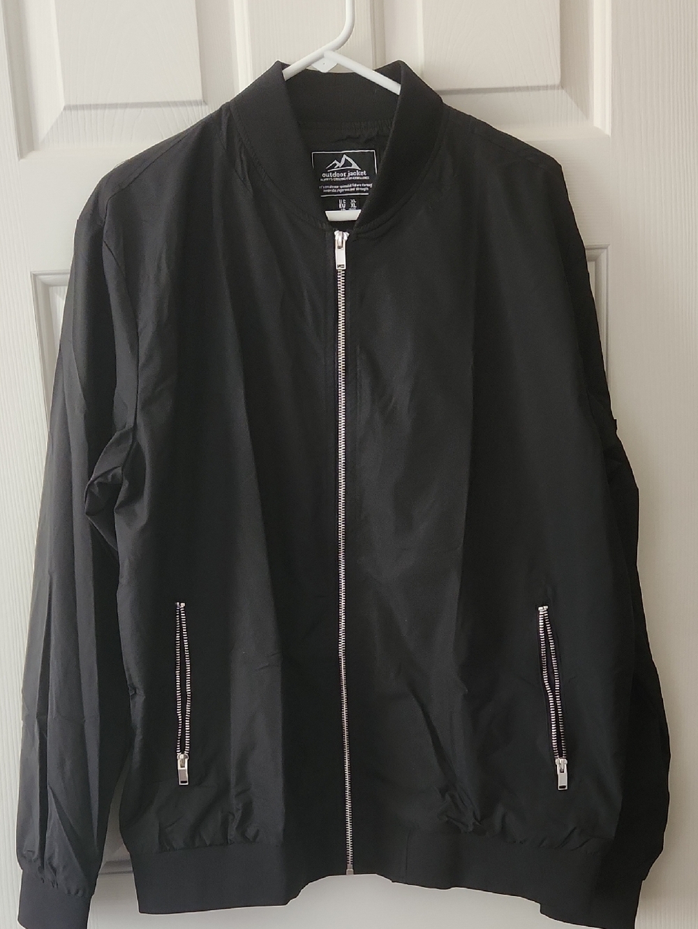 Outdoor Jacket Men's Black Bomber Jacket with Silver Zipper